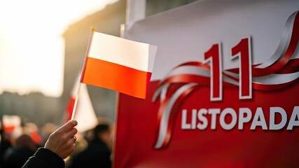 Hand holding small Polish national flag on November eleven Independence Day. Patriotic celebration in Poland showing unity and pride with red white banners.