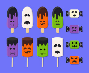 Halloween Sweets Vector Set. Collection of Spooky Candies and Ice Cream. 
