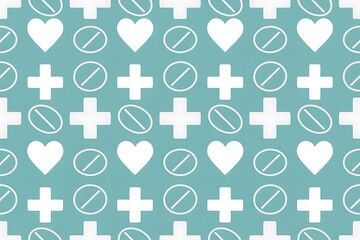 Medical healthcare pattern with hearts, pills, and crosses, perfect for wellness, pharmacy, or medical backgrounds, great for designs