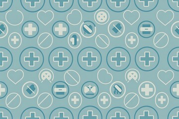Medical healthcare pattern featuring crosses, hearts, and pill symbols, perfect for hospitals, clinics, and health-related designs