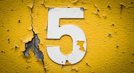 A close-up shot of the number five painted in white, affixed to a peeling yellow wall, showing texture and age