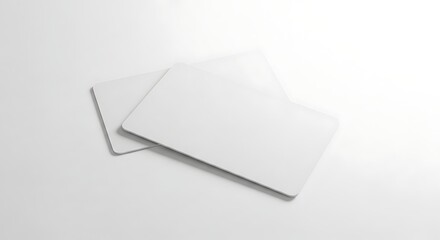 A close-up shot of two blank, rectangular cards arranged on a white surface, overlapping slightly. Clean and simple