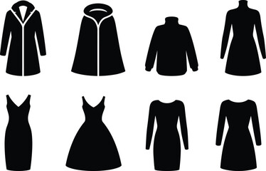 Collection of black silhouette dresses and coats for women fashion apparel vector illustration