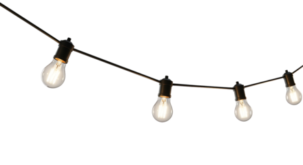 String of Incandescent Light Bulbs Illuminated on a Dark Background, isolated on a white or transparent background, cutout, PNG