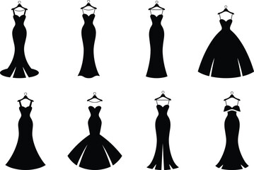 Set of eight black silhouette evening dresses on hangers gown collection vector illustration