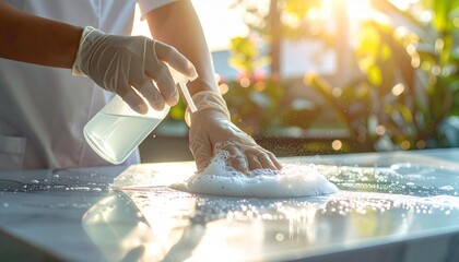Person in blue gloves scrubbing surface with soap suds, emphasizing hygiene and professional cleaning.