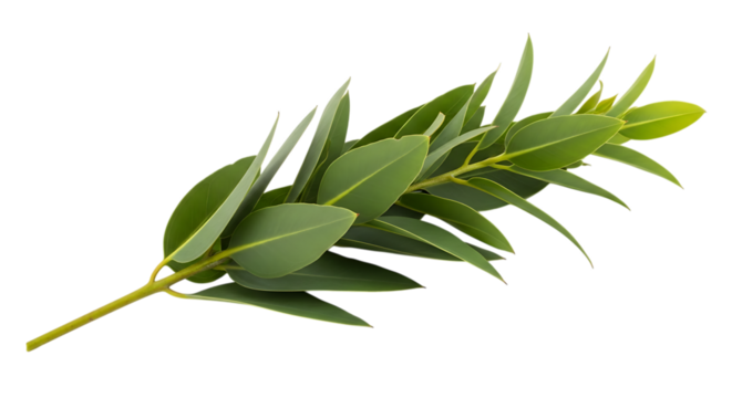 Eucalyptus branch with pointed green leaves and yellow stem plant, isolated on a white or transparent background, cutout, PNG