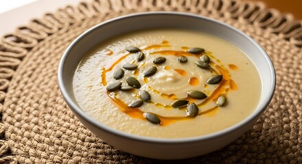 A close-up showcases a creamy soup in a white bowl, garnished with pumpkin seeds and oil. It rests on a woven placemat