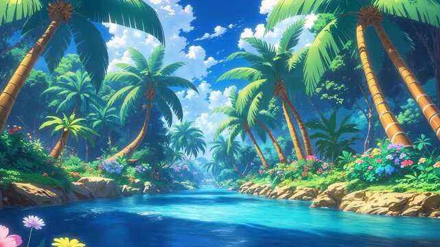 Vibrant Anime Jungle Scenery with Palm Trees, Colorful Flowers, and a Blue River