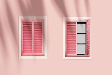 Pastel pink facade with two pink shuttered windows, summer sunlight palm tree shadow, tropical vacation mood. Travel blogs, resort branding, coastal lifestyle visual. Minimal aesthetic trends