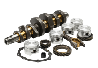 Isolated engine components including pistons, crankshaft, connecting rod and gears assembled