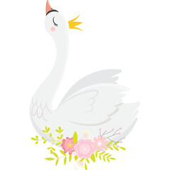 Cute cartoon white swan princess adorned with a golden crown and a skirt of pink and yellow flowers on a transparent background