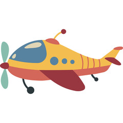 Cute cartoon yellow and red airplane with blue windows and spinning propeller depicted on a transparent background