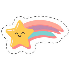 Cute cartoon yellow star with a smiling face and a pastel rainbow tail with dashed cut lines on a transparent background