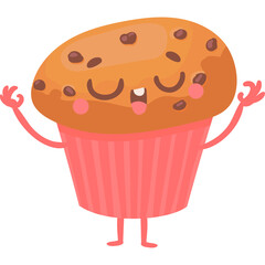 Cute chocolate chip muffin character with pink cupcake liner arms and legs eyes closed in peaceful expression