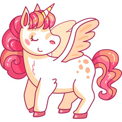 Cute cartoon pegasus unicorn with pink mane and tail standing with wings spread slightly and eyes closed in a joyful pose with warm pastel colors isolated on white background