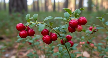A close-up showcases a sprig of bright red berries, leafy green branches, set against a blurred forest background