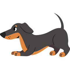 Cute Dachshund Dog Cartoon Character in Playful Pose with Black and Tan Fur and Alert Expression on Transparent Background