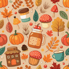  autumn pattern with pumpkins, leaves, mushrooms, acorns background