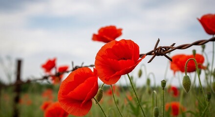 Obraz premium Red poppies blooming beside barbed wire fence in open field 