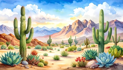 Vibrant Watercolor Painting of a Desert Landscape with Towering Cacti and Majestic Mountains at Sunset.