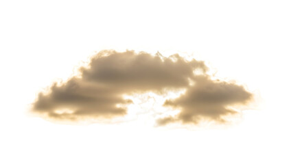 A cloud isolated on transparent background, illuminated by golden light, creating a dramatic contrast and highlighting its intricate texture and form against a clean backdrop