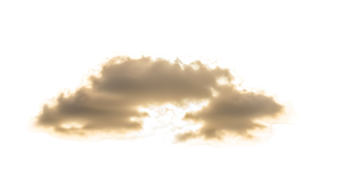 A cloud isolated on transparent background, illuminated by golden light, creating a dramatic contrast and highlighting its intricate texture and form against a clean backdrop