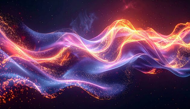 Abstract wavy lines of glowing colors, like energy streams, flow across a dark, starry space, creating a vibrant, ethereal effect