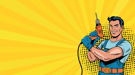 Pop art style male worker with a tool. On a yellow background. Vector pop art style. © дима селиванов