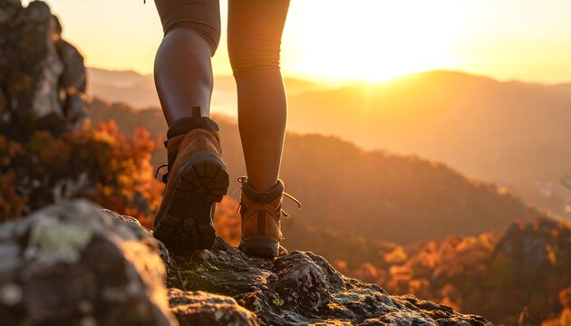 An adventurer's boots tread upon a rocky outcrop, backlit by a blazing sunset. Hills roll into the distance, trees blaze with autumn colors