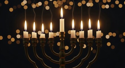 A close-up shows a golden menorah with lit white candles. The background is dark with blurred gold bokeh lights