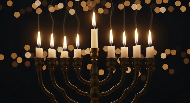 A close-up shows a golden menorah with lit white candles. The background is dark with blurred gold bokeh lights
