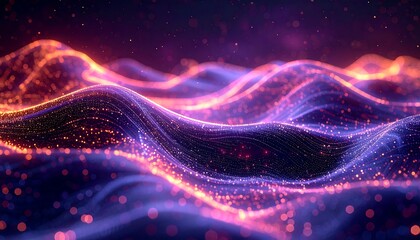 Abstract, wavy lines of light in fiery orange and violet tones, with scattered, sparkling dots against a dark background