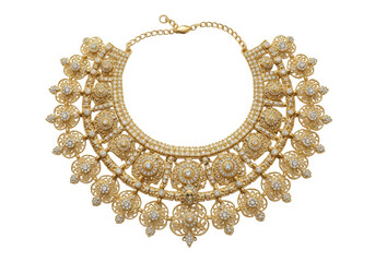 Gold necklace with floral design isolated on transparent background