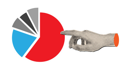 Modern halftone collage hand pointing on pie chart diagram part, Business data analysis,business strategy concept