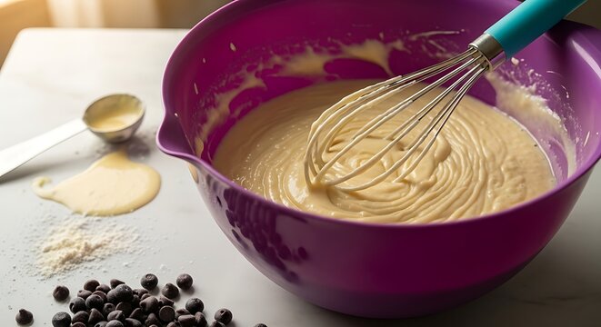 A close-up shows a purple bowl filled with batter, a whisk inside. Ingredients like flour, blueberries, and measuring spoons lay on the counter