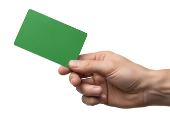 Hand holding a green card isolated on transparent background