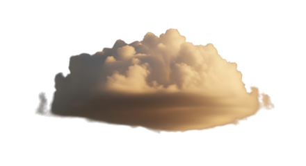 A golden cloud isolated on transparent background, illuminated by the warm light of the setting sun, casts a soft shadow, its fluffy texture creating a sense of peace and tranquility, perfect for addi