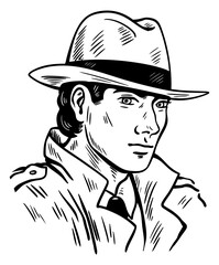 Male agent in fedora black and white sketch portrait