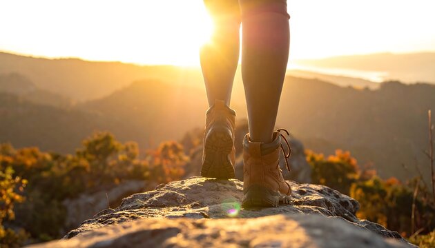 An adventurer's legs in hiking boots traverse a rocky terrain, sun illuminating distant hills and the golden sunrise - Powered by Adobe