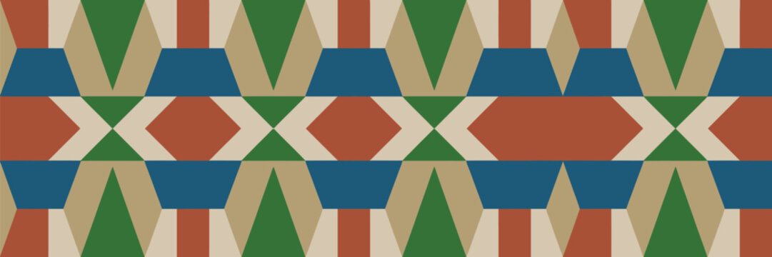 Geometric pattern featuring triangles trapezoids and diamonds in green blue brown and beige colors