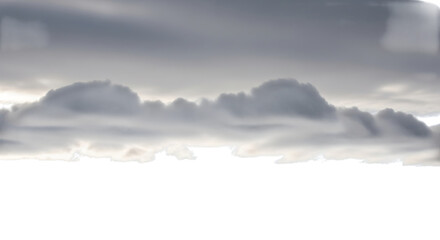 Moody gray clouds float in the sky, their soft edges blending seamlessly against a bright white backdrop, creating a serene and ethereal atmosphere isolated on transparent background