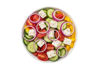 Overhead shot of greek salad isolated on transparent background