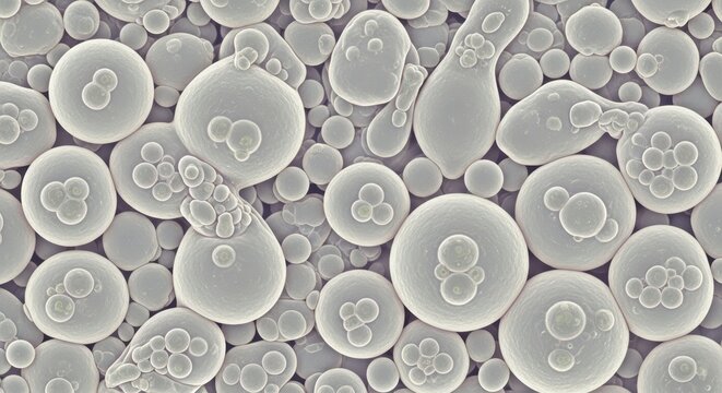 Microscopic view of yeast cells with budding reproduction
