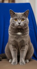 A close-up studio shot presents a regal gray cat seated gracefully against a solid blue backdrop. Its orange eyes are captivating