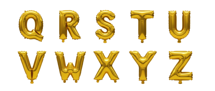 Gold Foil Balloon Alphabet Letters Q to Z Isolated on Transparent Background for Parties, Events, Celebrations, and Graphic Design Projects