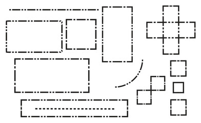 Architectural blueprint sketch of building layouts and geometric shapes with dashed lines and grid patterns on white background