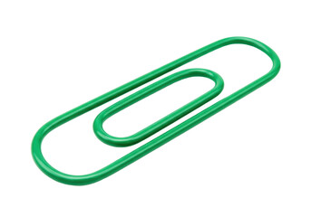 Isolated green paperclip in shape of hook for holding papers together; file organization