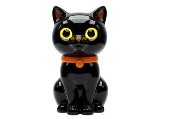 Isolated black cat figurine with yellow eyes and orange collar sitting upright calmly