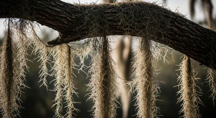 Spanish moss draped on tree branch in serene forest setting